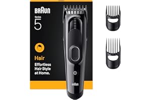 Braun Tondeuse Electrique A Cheveux Series 5 HC5530, Noir, Lavable et Sans Fil, Coffret Avec 3 Sabots et 17 Longueurs Pour Tondre Ou Couper, Lames Affutées, Kit Pour Une Coupe Sans Effort