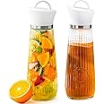 WUWEOT 2 Pack 900ml Glass Carafe with Flip Top Lids, Carafe Pitchers Glass Jug, Drip-Free Beverage Dispenser Fruit Juice Pitcher for Cold and Hot Water, Wine, Juice, Milk, Iced Tea, Lemonade