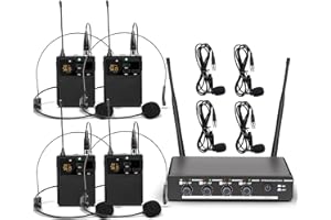 Depusheng R6 funkmikrofon 4 Kanal kabelloses Mikrofon Set mit schnurlosem Lavalier Headset Mikrofon Metallempfänger Ideal zum Singen Karaoke Partys Hochzeiten