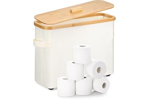 BS-VOG Toilet Roll Holder Storage, 12-Roll Toilet Paper Basket with Lid, Raied Feet Wood Storage Box for Bathroom Organizer, Beige