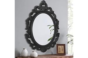 Lzuso Wooden Hanging Oval Mirror Black Carved Frame Wall Mirrors Rustic Vintage Decorative Aesthetic for Vanity Bedroom Bathroom Living Room Entryway Farmhouse 24"x16"