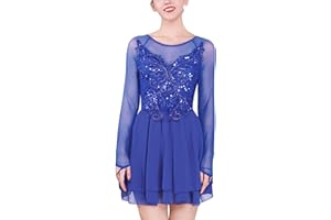 FYMNSI Damen Tanzkleid Eiskunstlauf Langarm Kleid Rollkunstlauf Wettbewerb Tanzanzug mit Pailletten Blumen Mesh Chiffon Rock Ballettkleid