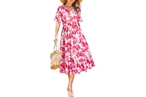STYLEWORD Women Summer Dress Floral Short Sleeve Ladies Casual Swing Midi Dress with Pockets