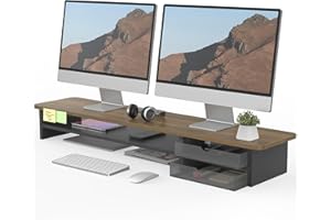 Fenge Réhausseur d'Écran d'Ordinateur avec 2 Tiroirs de Rangement en Acrylique Grand Moniteur Stand pour 2 Moniteurs,TV,PC,Imprimante, 108x23,5x14cm Marron+Noir
