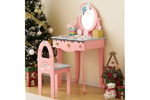 LALAHO Schminktisch Kinder mit Hocker Frisiertisch Kinderschminktisch für Mädchen Frisierkommode mit Schublade mit 7 Pretend Play Makeup Toys (Rosa)