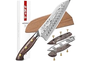 HEZHEN Damasco Coltelli da Santoku con Fodero, Coltelli da Chef Stile Giapponese Coltello da Cucina Gyuto, Coltello Damasco Acciaio ad Alto Tenore di Carbonio, Full Tang Manico in Micarta