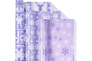 Holijolly Rouleau De Papier De Noël - Cloche Et Arbre/Cannes De Bonbon/Flocons De Neige En Violet Clair Pour Papier D'Emballage, Artisanat -43 X 305Cm X 3 Rouleaux