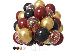 HILAVO Black Burgundy Gold Balloons 12 Inch Burgundy Black Metallic Latex Balloon Maroon Red Gold Black Confetti Balloons for Kids Magical Wizard Graduation Birthday Baby Shower Party Decoration