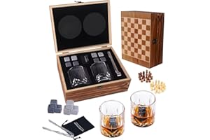 ZBPASL Whisky Geschenkset für Männer,8 Whisky Steine mit 2 Whiskey Gläser,Whiskeyglas, Eiszange mit Holzbox(Style 01)
