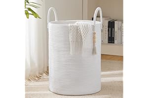 YOUDENOVA Corbeille à Linge Pliable Panier à Linge Grand Panier de Rangement Panier Linge Sale Corde en Coton 38cm(D) x50cm(H) Blanc