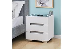LEMROE Bedside Table with Smart Wireless Charger Nightstand with 3 Drawers Bedroom Cabinet with Adjustable LED Light Home Bedroom Furniture (3 drawers, White and Black)