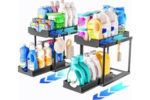 SavvyStor 2 Pack Under Sink Storage - 2 Tier Pull Out Cabinet Organiser, Under Sink Bathroom Cabinet, Cupboard Organiser with Hooks, Kitchen Storage & Organisation, Black