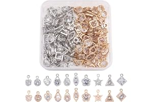 FASHEWELRY 80pcs/Box Clear Cubic Zirconia Charm Pendants Mixed Shapes Alloy Dangle Charms Light Gold & Platinum for Bracelet Necklace Earring Jewellery Making