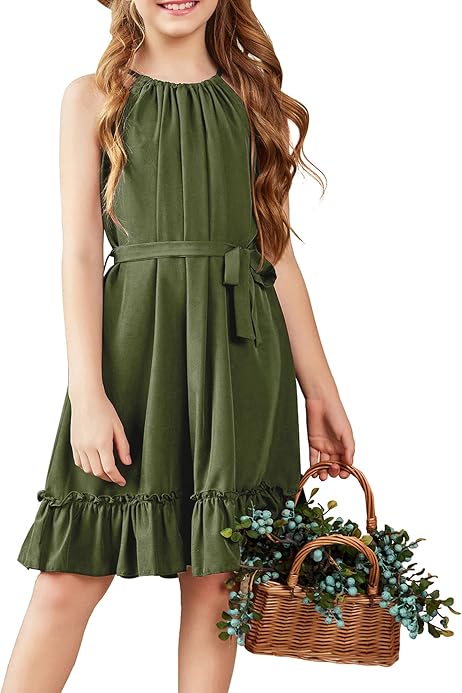 Robe Midi Été Fille ARSHINER - Dos Nu, Volants, Ceinture Amovible Pour Fête, Plage (6-14 Ans)