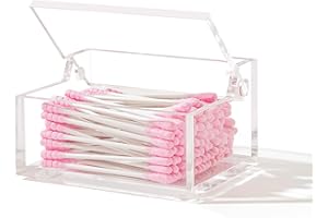 WORHE Acrylic Premium Cotton Bud Holder with Lid Bud Dispenser, Floss Picks, Cosmetic Storage Case, Home Bathroom Decor, Keep your Cotton Swabs Neat and Tidy-Size Medium-DP051