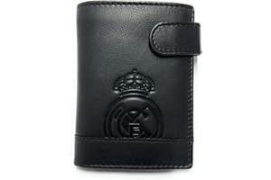 LUGUPELL Cartera Oficial del Real Madrid - Piel 100% Legítima con Protección RFID, Diseño Exclusivo con Escudo del Club. Regalo para Hombre. (Vertical con Broche Y Monedero Negro)