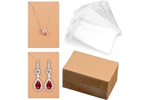 BLUESEABUY 100 Tarjetas Exhibición de Joyería Tarjetas de exhibición de Pendiente de Papel Kraft y 200 Bolsas Autoadhesivas para Colgar Collar Pendientes Bisutería