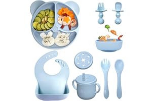 FAUXPONT Vajilla Bebe de Silicona 9 Piezas, Vajilla para Bebés Con Ventosa, Sin BPA, Antideslizante, Apto para Lavavajillas y Microondas, Con Plato Cuenco Babero Taza 2 Tapas 2 Tenedor y 2 Cuchara (Azul)