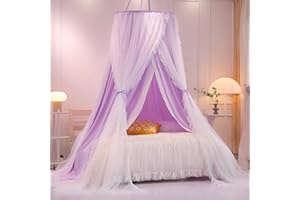 HUOQOU Doppelschicht Prinzessin Runde Kuppel Baldachin Bett Vorhang für Mädchen Erwachsene Kinder verträumte Moskitonetz Nette Schlafzimmer Dekoration Schloss Spielen Zelt Leseecke (lila/Weiß)