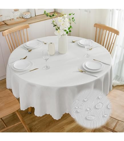 Softalker Tafelkleed rond 140 cm, wit, afwasbaar, waterafstotend, linnen structuur, afwasbaar, vlekbescherming, rond tafelkleed, decoratie voor