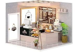 CUTEROOM Drewniane lalki "zrób to sam" do domu, rzemiosła, miniaturowe Kit-Boy model do sypialni i wszystkie meble (Leisurely Coffee Shop)