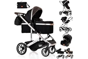 BAYOBAY 3 in 1 Baby Pram Travel System with Car Seat Lightweight Buggy Foldable Pushchair for Newborn and Toddlers up to 22kg New 2025 Style (Black - Silver)