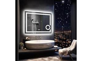 LUVODI Espejo de Baño Pared con Iluminación LED Espejo de Baño Moderno con Interruptor Táctil y 3X Aumento Función Anti-Niebla Adecuado para Baño Tocador Dormitorio 60x80cm