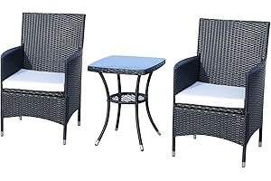 ‎OUTSUNNY Outsunny 3-Piece Garden Furniture Set with Side Table Rattan Garden Set with Seat Cushions, Polyrattan, 60 x 58.5 x 89.5 cm, Black/Brown, Black