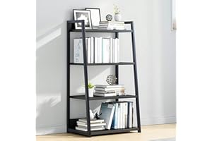 IOTXY Schwarz 4-Regalböden Offenes Bücherregal - Metall-Holz-Bücherständer-Regal, Leiter-bücherbord, Open Shelf Bookcase, Bookshelf