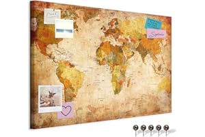 murando - Mapamundi con tablero para clavar chinchetas 90x60 cm - Cuadro en Lienzo sintético - 1 parte - Panel de Fibra - Mapa del Mundo Continente - viajes geografia Vintage k-B-0051-v-a