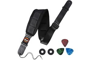 ASMUSE Sangle de Guitare Ajustable SBR Mousse à Mémoire, avec Extrémités en Cuir Véritable, Largeur 9.2cm avec Porte-médiators, Haut de Gamme Sangle pour Guitare électrique, Acoustique, Folk, Basse