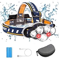 7 LED Stirnlampe mit Batterien, wasserdichter Kopflampe USB Stirnlampe wiederaufladbar,18000 Lumen 8 LED 8 Modi…