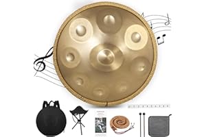 Derlvbak Handpan Drum, 22 Pouces Or Steel Hand Pan Tongue Drum D Minor 9 Tons 440 Hz pour Yoga, Méditation avec Sac à dos, Support de Batterie
