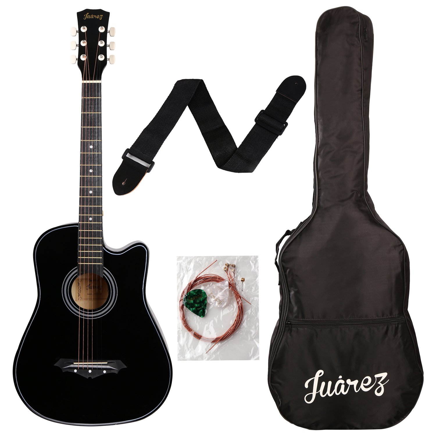 JUAREZ Linden Wood Acoustic Guitar, 38 inches Cutaway, 038C with Bag, Strings, Pick and Strap, Black