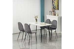 HomJoy Dining Table and Chairs Set 4, Modern 120cm Rectangular White Slate Marble Effect Kitchen Table Velvet Chairs Metal Legs for Home Office Dining Room Living Room Restaurant Pub(120cm+grey)