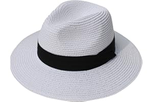 DRESHOW Donna Cappello Panama Cappello da Spiaggia in Paglia Fedora Cappello Arrotolato in Paglia a Tesa Larga Cappelli Panama UPF 50+