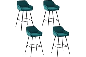 AINPECCA Set of 4 Velvet Barstools Fabric Upholstered seat with Backrest & Armrest Black Metal Legs Kitchen Breakfast Counter Chairs (Green velvet, 4 pcs)