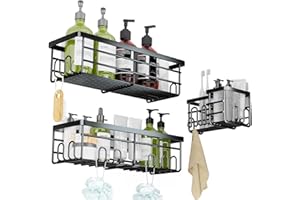 Lehuveky Duschablage ohne Bohren - 3 Stück Schwarz Duschregal - Rostfrei Badezimmer Regal mit Zahnbürstenhalter - Große Badregal Shampoo Halterung für Dusch