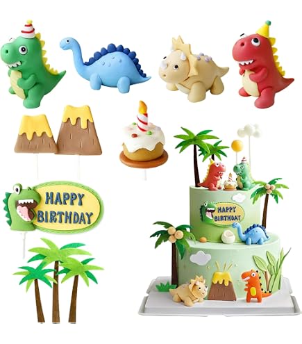 WahYikHo Dinosaurier Cake Topper – 17-teiliges Set Für Dino-Geburtstagspartys – Cupcake-Deko Mit Bäumen, Wolken & Mehr – Perfekt Für Kinder & Babyparty