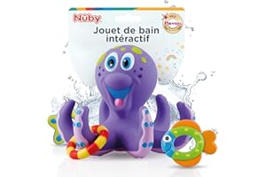 Nuby - Jouet de Bain pour Bébé - Pieuvre Intéractive Flottante avec Anneaux de Bain - Jouet de Bain Stimulant La Coordination œil-Main de Vos Petits - Idéal pour Les + 18 Mois - Violet