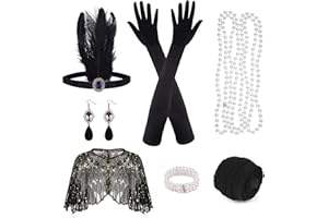 ELECLAND 10 Pieces 1920s Flapper Great Gatsby Accessories Set Fashion Roaring 20's Theme Set with Headband Headpiece Long Black Gloves Necklace Earrings for Women