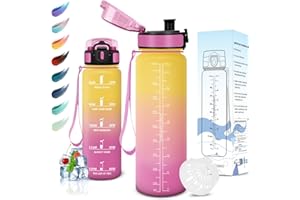 Motswedi Borraccia 1000/1500ml, Senza BPA, Borraccia Palestra, Prova di Perdite, Borracci Motivazionale, con Filtro, Sportiva, Bottiglia Acqua per Scuola, Palestra, Ufficio, Yoga, Giallo-Rosa