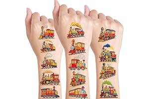 Qpout 10 Sheets Train Temporary Tattoos for Kids Birthday Party Supplies, Steam Train Railroad Themed Stickers, Classroom Rewards, Carnival Prizes, Vintage Cartoon Decorations Gifts for Boys Girls