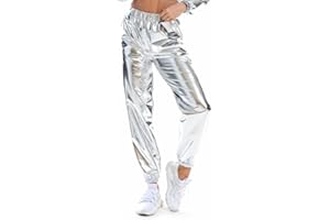 NewL Damen Metallic Glänzend Jogger Casual Holographische Farbe Streetwear Hosen Hip Hop Mode Glatte Elastische Hosen