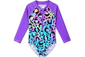 HUAANIUE Filles Enfants Maillot de Bain 1 Pièce Anti-UV UPF 50+ Enfants Filles Combinaison de Bain à Slip et Manches Longues 4-11 Ans