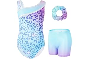 Gogokids Ensemble de Gymnastique Trois Pièces pour Filles, Justaucorps Sans Manches avec Shorts et Bandeau, Tenue de Gymnastique avec Design de Couleur Scintillants Dégradée pour 3 à 12 Ans
