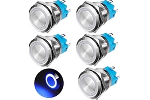 GUNGY Interruptor de Botón 19mm Pulsador 12V-24V 3A Pulsadors Momentáneo Impermeable Interruptores Pulsador de Latón Cromado con Anillo de Luz LED Azul 5 Piezas
