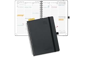 POPRUN Agenda Settimanale 2025 2026 Spirale 22 x 16,5 cm, Weekly Planner 17 Mesi da Ago.2025 a Dic.2026, Righello in Plastica, Copertina Morbida in Pelle Vegana e Carta Spessa da 80 GSM, Nero