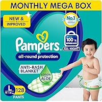 Pampers All round Protection Pants Style Baby Diapers, Large (L) Size, 128 Count, Anti Rash Blanket, Lotion with Aloe Vera, 9