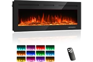 PORTOALEGRE Camino elettrico 3 in 1 da parete o da incasso con effetto fiamma 3D e 12 colori fiamma, camino 900 W/1800 W con telecomando, timer e termostato, nero (50 inch)